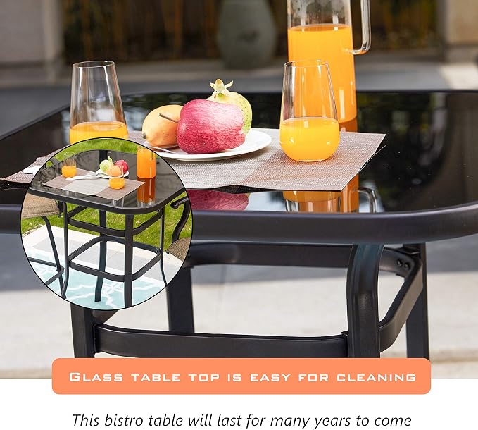 LOKATSE HOME Outdoor Bistro Bar Height Table Metal Frame Square Tempered Furniture Glass Top All Weather for Patio