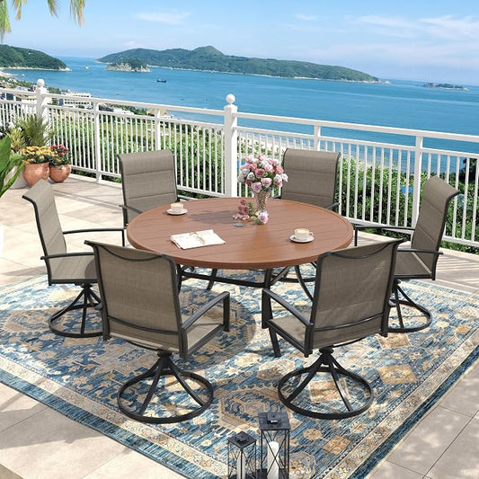 Outdoor Dining Set for 6, 50" Outdoor Dining Table with Umbrella Hole and Padded Textilene Patio Swivel Chairs, 7 Pieces Patio Table and Chairs Set for Garden Backyard, Mixed Brown and Walnut
