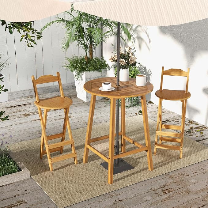 Tangkula 31.5” Acacia Wood Patio Bar Table, Round Bistro Table with Umbrella Hole, Outdoor Dining Table for Garden, Backyard, Poolside