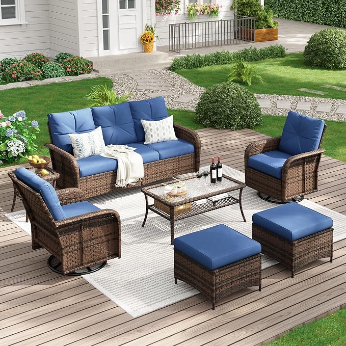 LazySunsets Luxury 9-Piece Patio Furniture Set, 360° Swivel Chairs, Wicker Rattan Sofa with Thick Cushion, Outdoor Conversation Set for Backyard, Poolside & Garden, Brown/Navy Blue