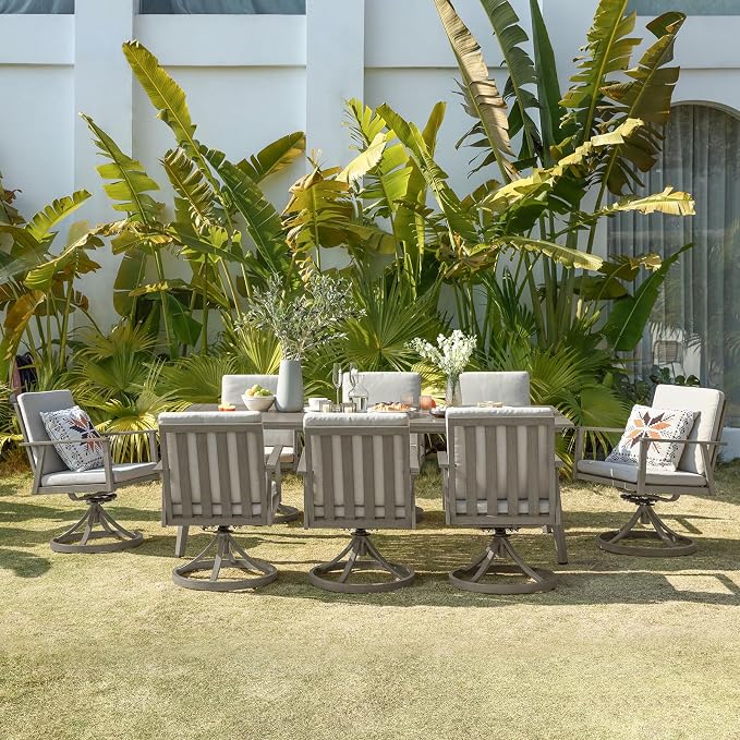 9 Pieces Outdoor Dining Set, Never-Rust Aluminum Patio Swivel Dining Set with Umbrella Hole, 360° Rotation Outdoor Patio Furniture Set, 8 Swivel Chairs and Table for Decks, Backyard, Limed Oak