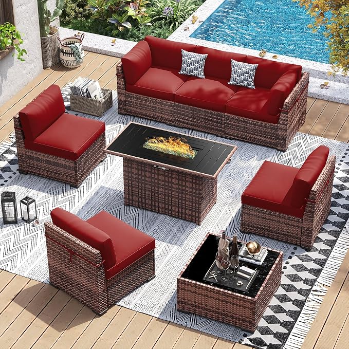 UDPATIO Patio Furniture Set with 44'' Fire Pit Table, 8 PCS Outdoor Sectional Furniture Sets, Slanted Back Outdoor Conversation Set PE Rattan Sofa for Porch W/Coffee Table,Red