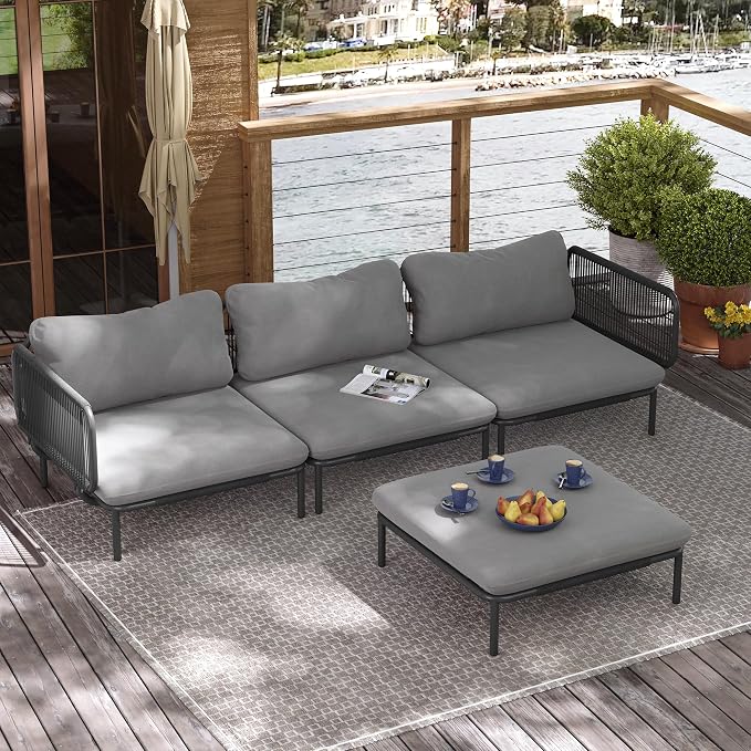 Outdoor Furniture Set, Patio Furniture Oversized Metal Patio Sectional Sofa, 4-Seat Conversation Set with Cushion for Indoor and Outdoor, Black Frame & Dark Grey Mat (4 Seats 8 Armrests)