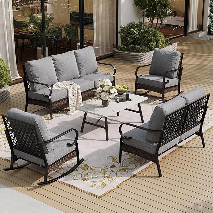 SUNSHINE VALLEY 5 Piece Metal Outdoor Patio Furniture Set - 3-Seater & 2-Seater Sofas, 2 Rocking Chairs with 5.75" Thick Cushion & Coffee Table - Black & Gray