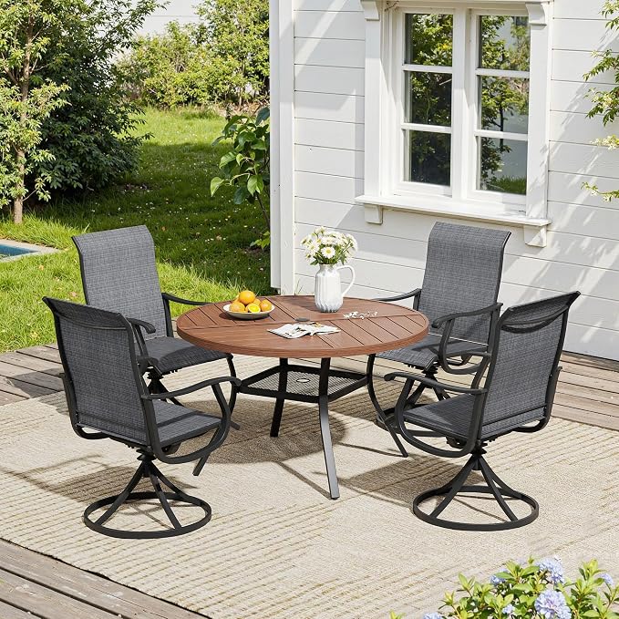 VICLLAX 5 Pieces Patio Dining Set, Patio Furniture Set of 4 Patio Swivel Dining Chairs and 40.6" Patio Spliced Round Tabletop with Storage Shelf, Dark Charcoal Chairs & Walnut Tabletop