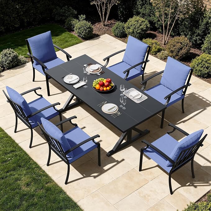 Kullavik 7 Pcs Outdoor Dining Set,Patio Dining Table and Chairs Set for 6,Fence Pattern Back Chairs with Thickened Cushions & X-Frame Metal Dining Table with Umbrella Hole for Patio,Navy Blue