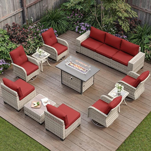 13-Piece Outdoor Patio Furniture Set with Rocking Swivel Chair, PE Wicker Rattan Sectional Sofa Patio Conversation Set with 55,000 BTU Fire Pit Table & Coffee Table, Red