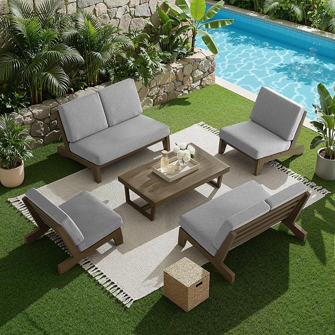 7 Pieces All Weather Wood Patio Furniture Sets, 2 Patio Loveseat, 4 Patio Bistro Chair, Outdoor Sectional Sofa Furniture Backyard Conversation Set with Coffee Table - Grey