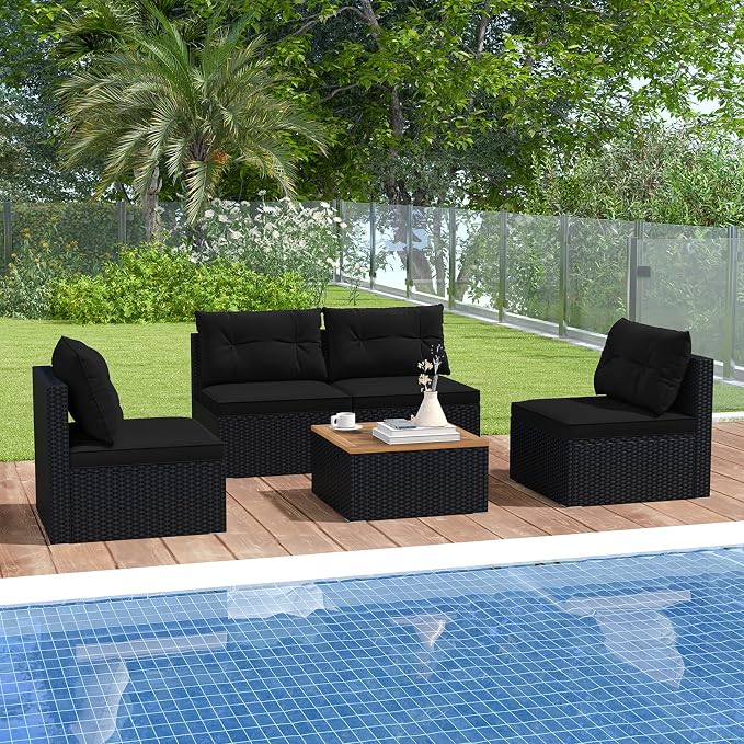 DORTALA 5 Piece Wicker Patio Furniture Set, PE Rattan Outdoor Sectional Conversation Set with Acacia Wood Coffee Table, 4 Chairs for Deck, Backyard, Poolside, Black