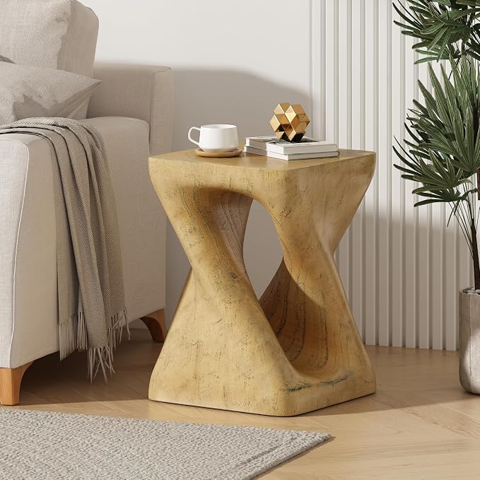 Faux Concrete Side Table Outdoor Faux Stone End Table, Round Outdoor Accent Tables, Garden Stool Plant Stand for Porch, Backyard, Natural, 11.75" x 11.75" x 16"