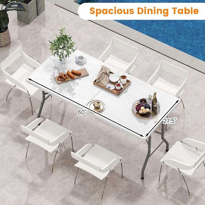 Giantex 5 FT Folding Table, HDPE Foldable Dining Table for 6, Indoor Outdoor Use for Party Banquet Wedding Picnic Camping BBQ, Fold-in-Half Portable Space Saving Design (White)