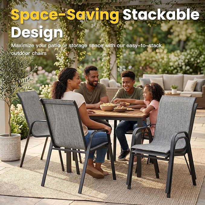 VICLLAX Patio Dining Set for 4, All Weather 5-Piece Patio Set-37.8" Square Outdoor Table and 4 Stackable Chairs for Lawn Garden and Backyard,Grey Tabletop