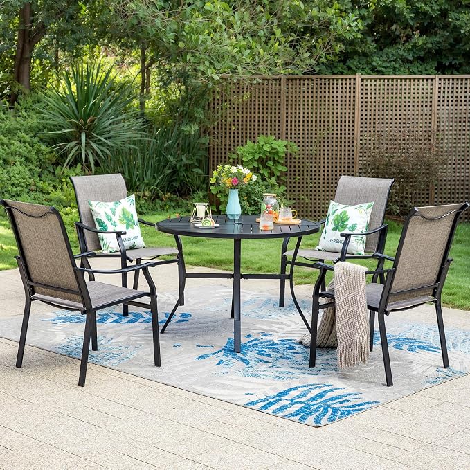 MFSTUDIO 5 Piece Outdoor Dining Set w/Round Metal Table & Sling Chairs | Weather-resistant, 4 person, Breathable & quick-drying Textilene, Umbrella hole, Outdoor deck backyard