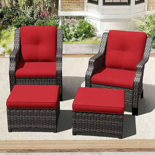 Outdoor Patio Furniture Set, 4 Piece Wicker Patio Furniture with Thick Cushions, Curved Armrest, Deep Seating, Rattan Outdoor Chairs for Porch, Deck, Balcony