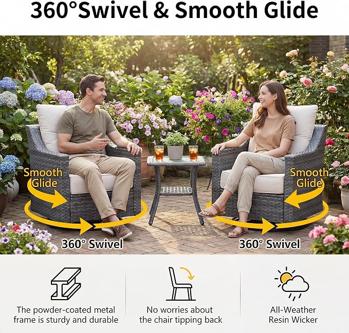 5 Pieces Patio Furniture Set, Weather-Resistant Wicker Swivel Rocker with Soft Cushions & Side Table,All Weather Outside Furniture with Ottoman for Porch, Garden, Backyard
