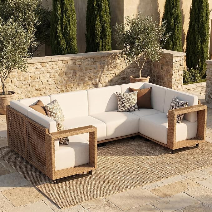 LazySunsets Patio Furniture Set, 6 Pieces Wicker Outdoor Sectional Sofa with 10'' Ultra-Thick Cushions & Ottomans, All-Weather Rattan Conversation Set for Backyard Poolside, Yellow/Beige