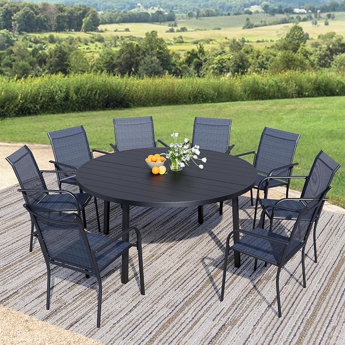 9-Piece Patio Furniture Set, Black Round Patio Table and Blue Chairs Set of 8, Outdoor Dining Set with Umbrella Hole for Garden, Yard, Patio