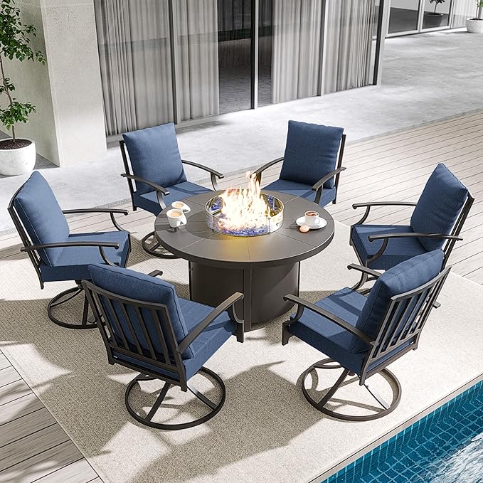 7 Piece Outdoor Dining Set for 6 with 48" Round Propane Fire Pit, Metal Outdoor Table and Chairs with 6 Swivel Chairs and 55000 BTU Outdoor Fire Pit, Patio Furniture Set for Patio, Deck, Navy