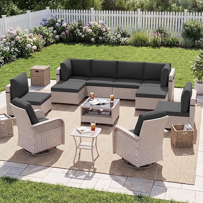 Patio Furniture Set, 12-Piece Outdoor Sectional Sofa with Swivel Rocker Chairs & Ottomans, Wicker Patio Conversation Set with Coffee Table, Black Cushions