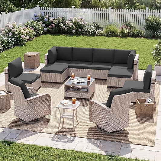 Patio Furniture Set, 12-Piece Outdoor Sectional Sofa with Swivel Rocker Chairs & Ottomans, Wicker Patio Conversation Set with Coffee Table, Black Cushions