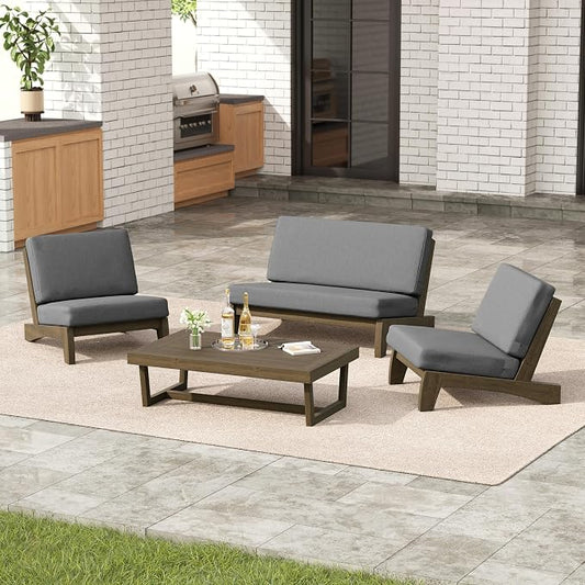 4 Pieces Patio Furniture Sets, All-Weather Outdoor Wood Bistro Set Patio Conversation Coffee Table Chiars and Patio Loveseat for Balcony, Backyard