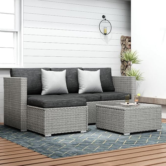 Suntone 3 Pieces Patio Furniture Sets Outdoor Sectional Patio Sofa All-Weather Grey Wicker Sofa Small Patio Conversation Set Patio Couch with Washable Black Cushion and Glass Table