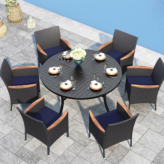 Sophia & William 7-Piece Patio Dining Set, Round Table, PE Wicker Chairs | All Weather Patio Table and Chairs Set for 6, Perfect for backyard, deck, porch