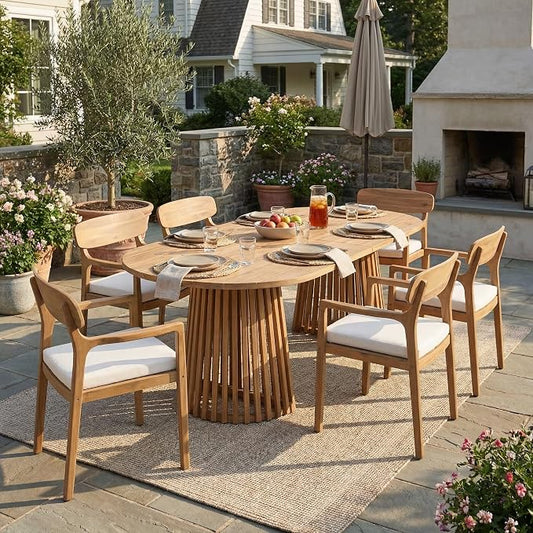 Christopher Knight Home Zoa Acacia Wood Dining Set for 6, Outdoor Dining Table with Dual Slatted Pedestal Bases, Outdoor Dining Chairs with Cushions, 7 Piece Patio Dinner Set, Beige/Teak