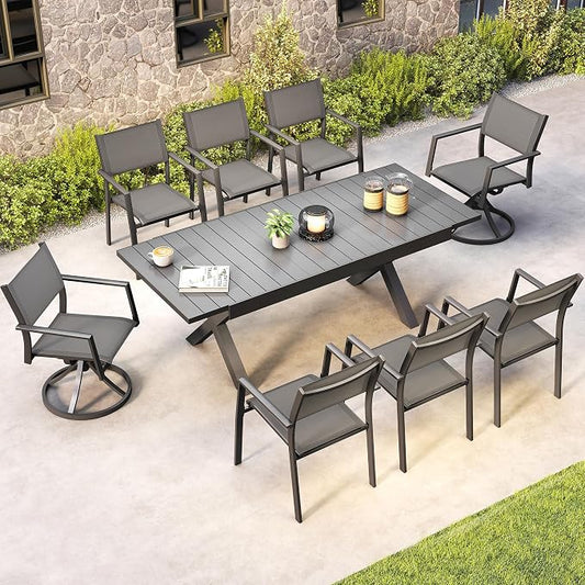 Outdoor Dining Set, 9 Piece Expandable Dining Table and Patio Swivel Chairs Set, Aluminum Patio Furniture Set for Table with Umbrella Hole and 8 Chairs for Patio, Garden, Lawn, Deck(Black)