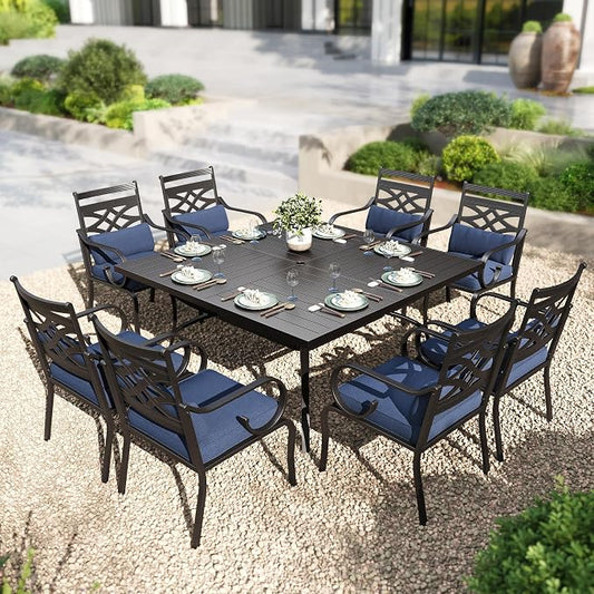 PHI VILLA 9 Piece, Outdoor Dining Set, 57.5" Square Table, Umbrella Hole | Wrought Iron, Iron Chairs, Cushions, Black & Blue, Weather-Resistant