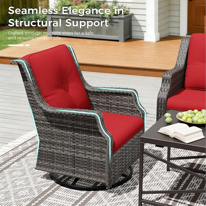 Outdoor Patio Furniture Set, 4 Piece Wicker Patio Furniture with Thick Cushions, Curved Armrest, Deep Seating, Outdoor Swivel Rocker Chairs for Porch, Deck, Balcony