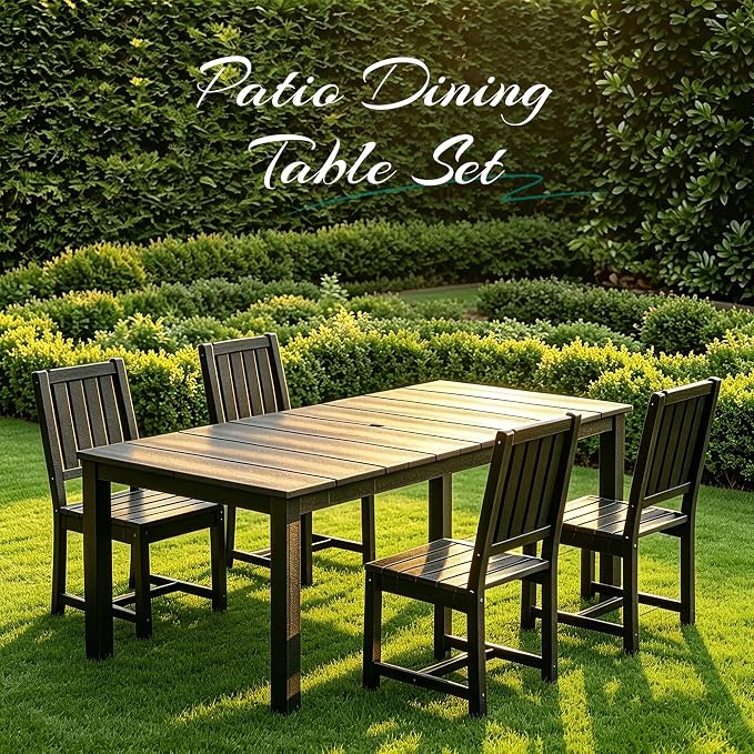 PLUUV 5-Piece Outdoor Dining Set – HDPE Patio Furniture with Aluminum Table, Umbrella Hole, and 4 Armless Chairs, All-Weather Resistant for Garden & Backyard, Grey