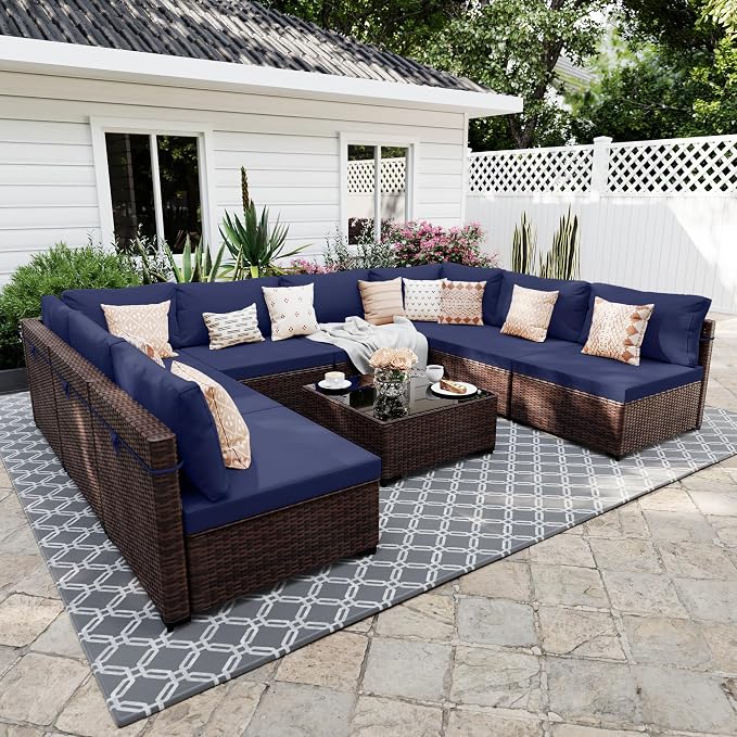 UPHA 9 Pieces Patio Furniture Sets, Wicker Outdoor Sectional Sofa Couch with Coffee Table, Patio Conversation Set for Deck Backyard Garden, Brown Rattan, Navy Blue Cushion