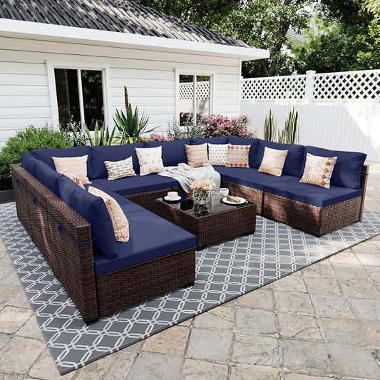 UPHA 9 Pieces Patio Furniture Sets, Wicker Outdoor Sectional Sofa Couch with Coffee Table, Patio Conversation Set for Deck Backyard Garden, Brown Rattan, Navy Blue Cushion