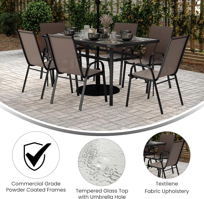 Merrick Lane Bardwell 7-Piece Outdoor Dining Table Set for 6, Glass Top Table with Hole for Umbrella, 6 Breathable Textilene Stackable Patio Chairs, Brown/Black