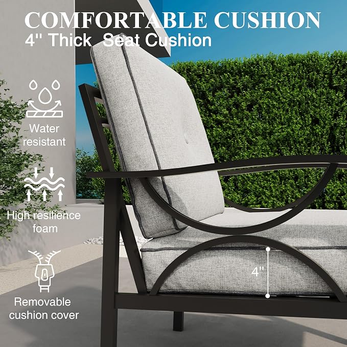 RoyalCraft Outdoor Patio Furniture Set, 5 Piece Patio Conversation Set with Coffee Table, Metal Furniture Set for Porch Backyard Garden, Black