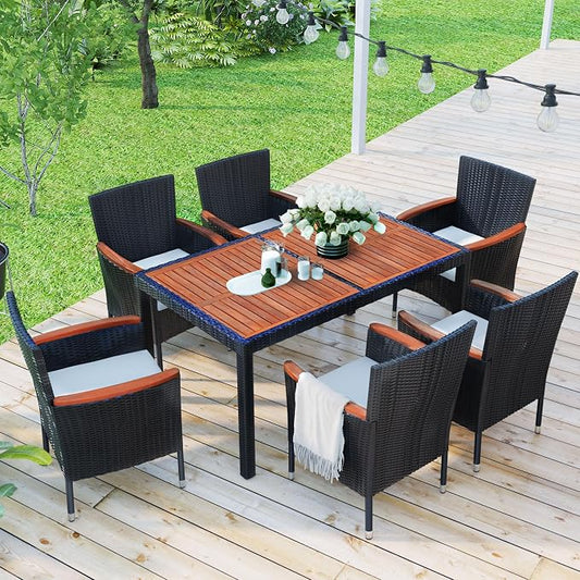 roomfitters 7-Piece Outdoor Patio Dining Set, Garden PE Rattan Wicker Dining Table and Chairs Set, Acacia Wood Tabletop, Stackable Armrest Chairs with Cushions, Reddish-Brown
