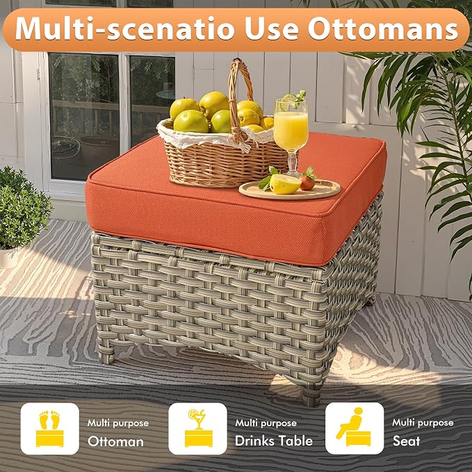 8 PCS Outdoor Patio Furniture Sets,Patio Conversation Sets Outside Rattan Soft Cushion Sofa with 2 Wicker Rocking Chairs Soft Cushion Fit Backyard Porch Garden Poolside Balcony,Orange Red
