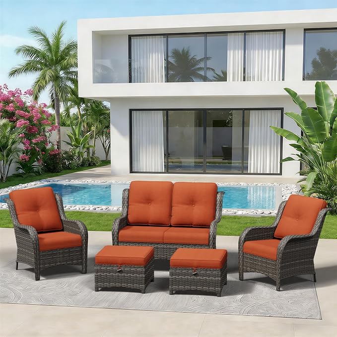 5 Piece Outdoor Wicker Patio Furniture Set, Patio Chairs Set with Thickened Olefin Cushions, High Back and Deep Seating, Hand-Woven PE Rattan, Ottoman for Porch, Deck