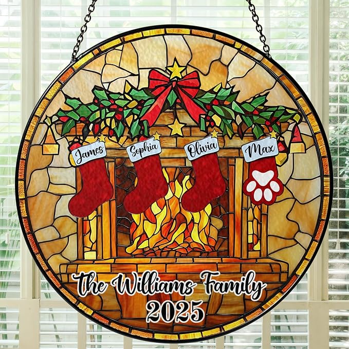 Personalized Stained Glass Christmas Suncatcher – Custom Family Name Fireplace Design – First from Mom and Dad – Holiday Ornament Keepsake for Family