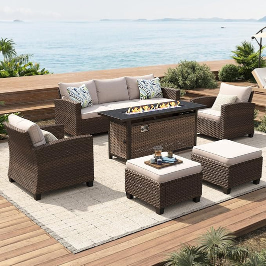 SUNSHINE VALLEY Patio Furniture Set Outdoor Furniture Brown Wicker Rattan Patio Conversation Sets with Cushion Outside Sofa Set,6 Pieces with Rectangular Firepit Table,7 Seats,Beige