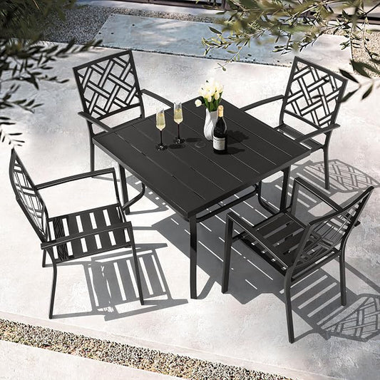 NUU GARDEN 5 Piece Patio Dining Set for 4 with Stackable Chairs | 37" square table with umbrella hole and 4 stackable metal chairs featuring slatted seats and backs for outdoor dining