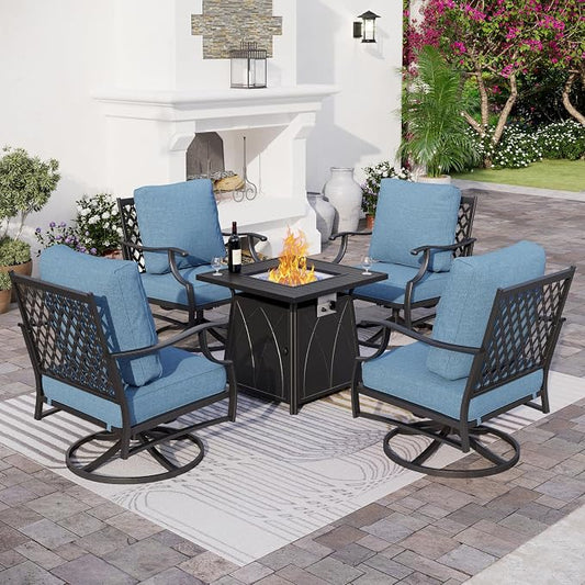 SUNSHINE VALLEY 5 Piece Metal Outdoor Patio Furniture Set with Fire Pit Table, Patio Conversation Sets 4 Swivel Chairs with 5.75" Thick Cushion and 5000 BTU Fire Pit Table, Backyard Furniture, Navy