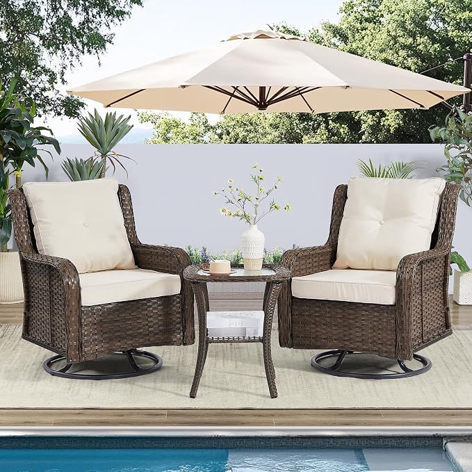 Wumiokio Patio Furniture Sets, 3 Pieces Wicker Outdoor Furniture - 360 Degree Swivel Rocking Chairs and Rattan Side Table for Garden,Porch,Backyard (Brown Wicker/Beige Cushion, 3PCS - Swivel Chairs)