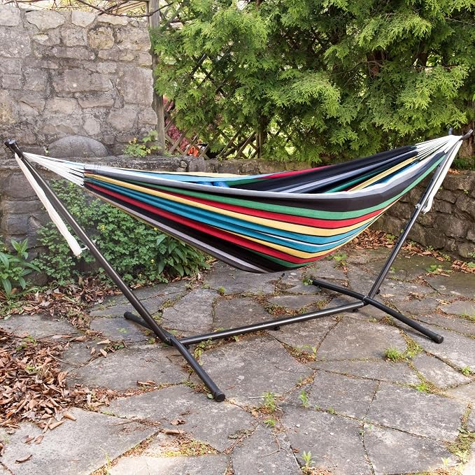 Vivere Double Cotton Hammock with Space Saving Steel Stand, Upgraded Polyester End Strings 450 lb Capacity - Premium Carry Bag Included - USA Grown Cotton (Rio Night)