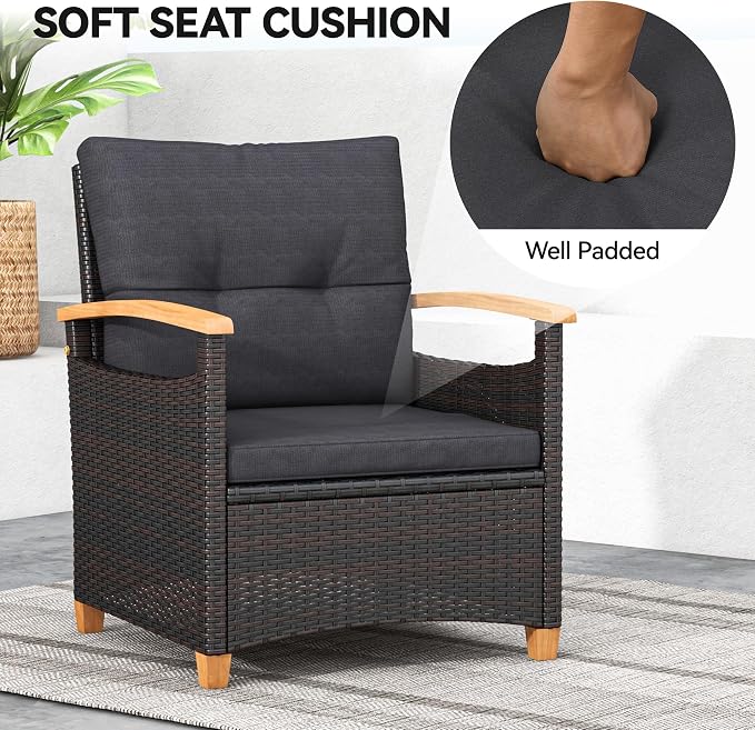 YITAHOME Wooden Armrest 3-Piece Patio Bistro Set, Wicker Bistro Set with Soft Cushions Comfort for Backyard, Balcony and Deck, Wooden Armrest and Side Table, Brown+Charcoal Gray