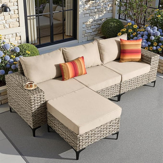 4 Pcs Patio Outdoor Furniture Set - All Weather Wicker Outdoor Sectional Sofa Couch with Ottoman,Patio Modular Rattan Conversation Set for Garden Deck Yard,Beige,