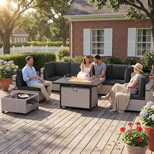 Patio Furniture Set, 8-Piece Outdoor Sectional Sofa with 60,000 BTU Fire Pit Table & 2-Layer Glass Coffee Table, Wicker Patio Conversation Set with Black Cushions