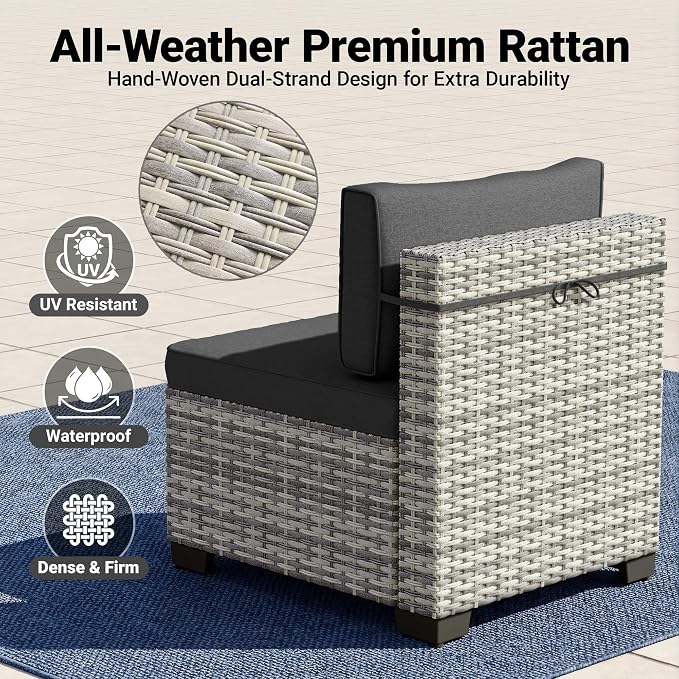 14-Piece Patio Furniture Set, Outdoor Sectional with Thick Cushions, Modular Patio Sofa, Dual-Strand Wicker Rattan, Rust-Resistant Frame, Backyard Furniture for Garden, Deck, Black