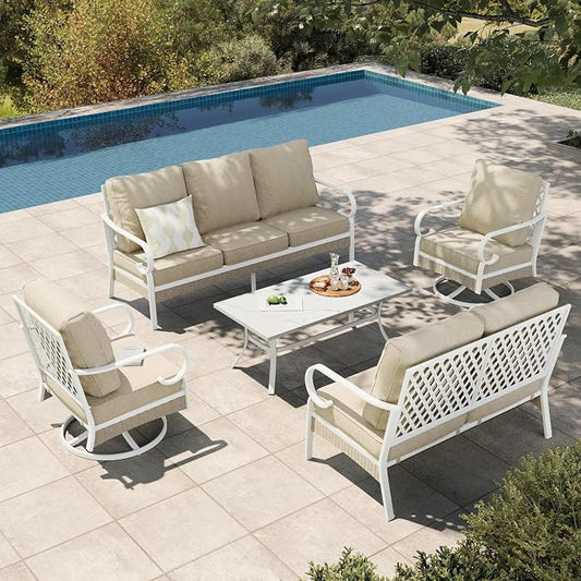 HERA'S HOUSE 5 Pieces Metal Patio Furniture Set, 7 Seats All Weather Outdoor Conversation Set, 3 Seat Sofa with Loveseat, 2 Swivel Chairs, Coffee Table for Backyard, Garden, Deck, White/Beige